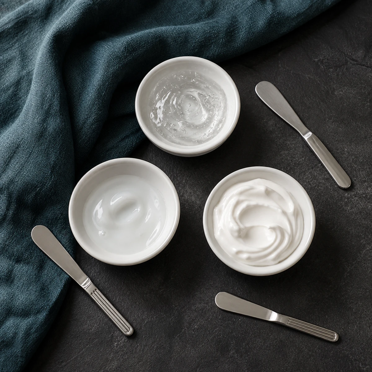 Tres texturas cosméticas en cuencos blancos para comparar gel, emulsión y crema