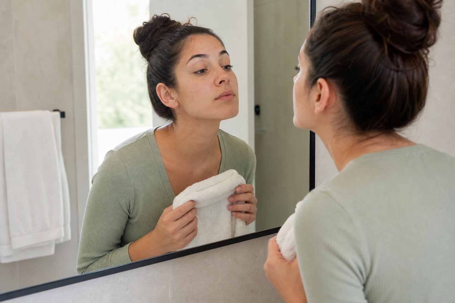 Mujer comprobando con luz natural que sus pestañas están limpias antes de una cita