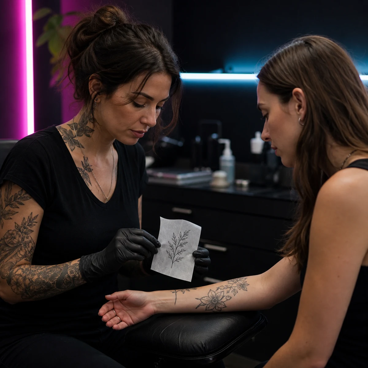 Tattoo artist revisando un boceto botánico con una clienta antes de la cita