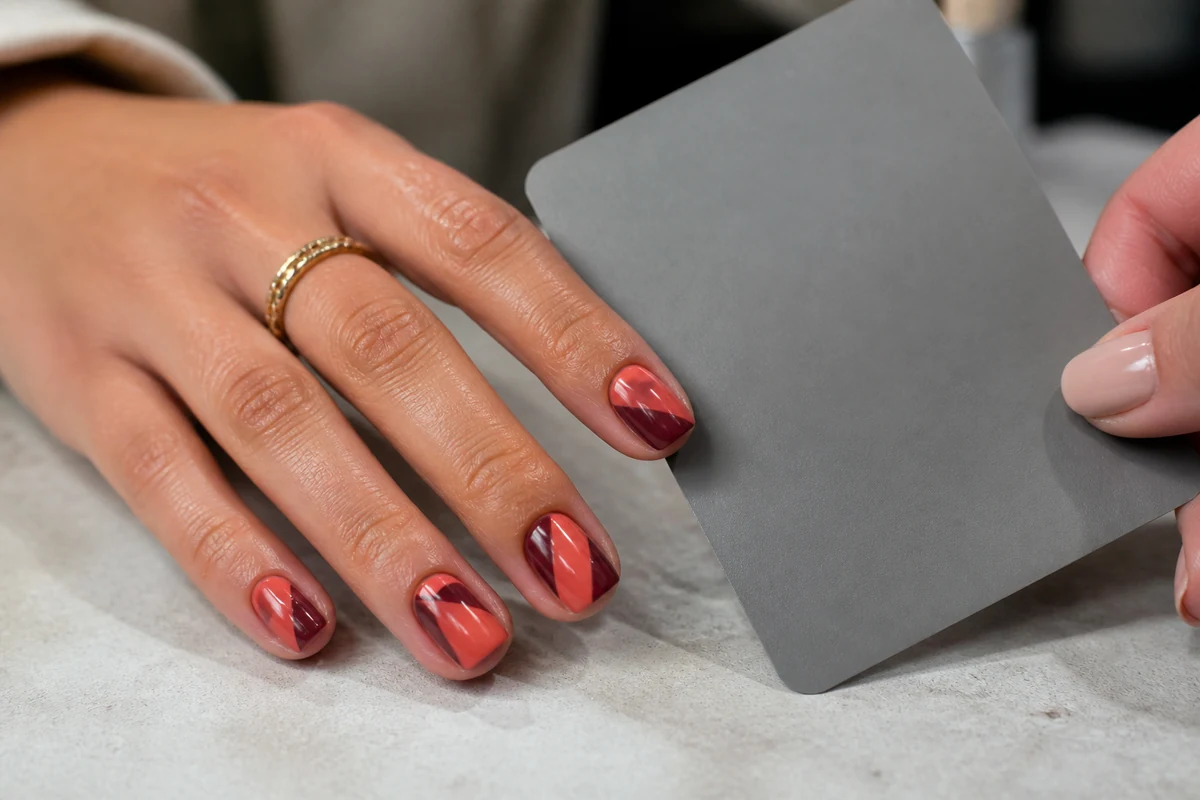 Nail art coral y burdeos junto a una tarjeta gris para comprobar el color