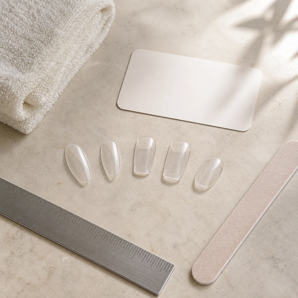 Cinco muestras de formas de uñas junto a una regla, una lima y una ficha de cita en blanco