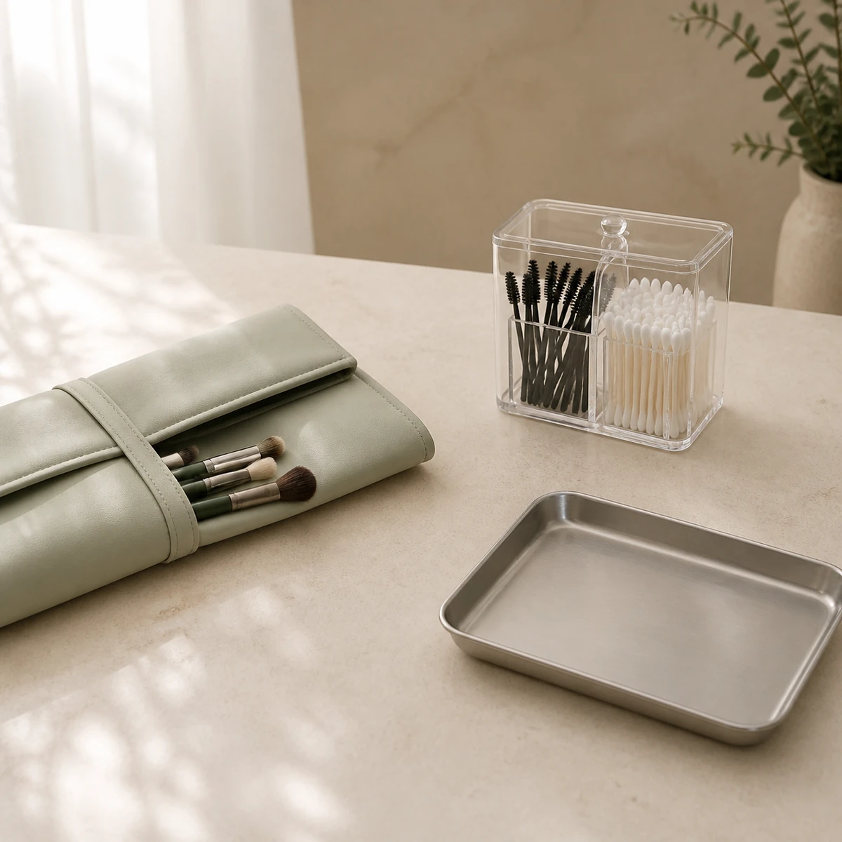 Estación de maquillaje organizada con brochas, aplicadores desechables y una bandeja limpia