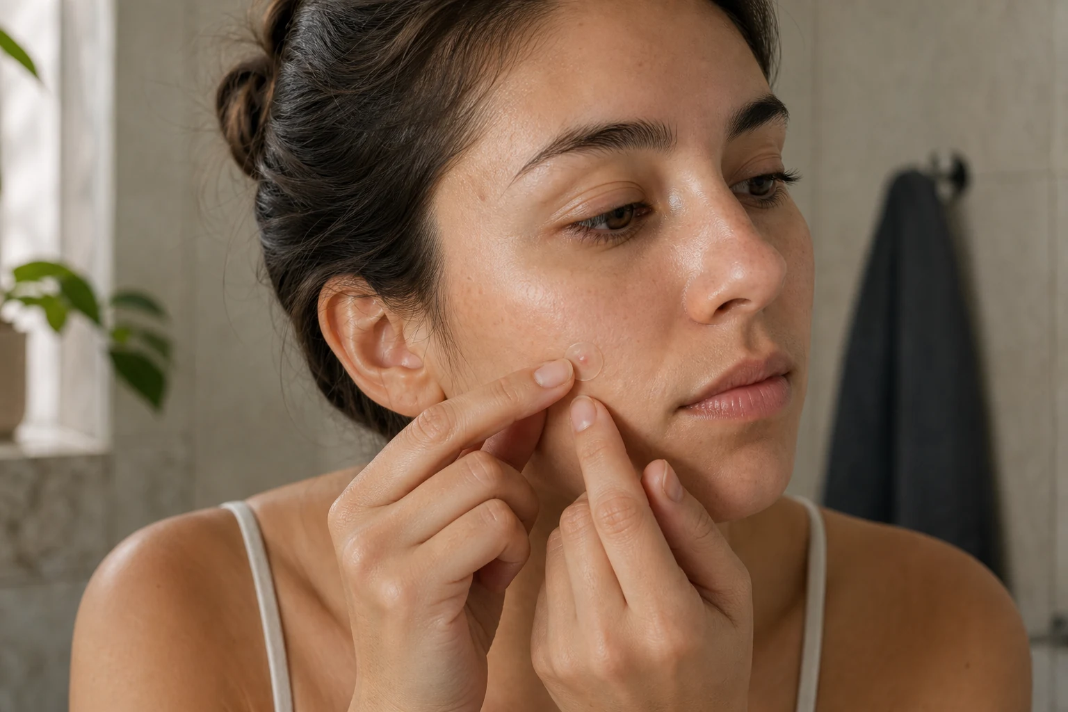 Aplicación cuidadosa de un parche hidrocoloide sobre una imperfección superficial