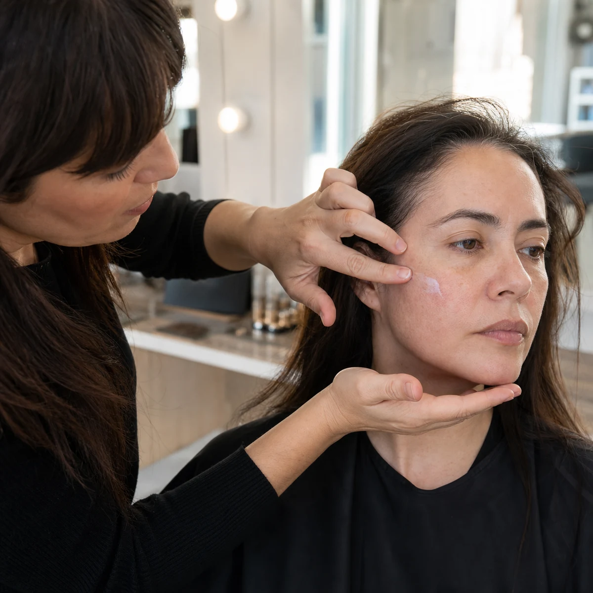 Maquilladora aplicando una capa fina de hidratante en una mejilla seca antes de la base