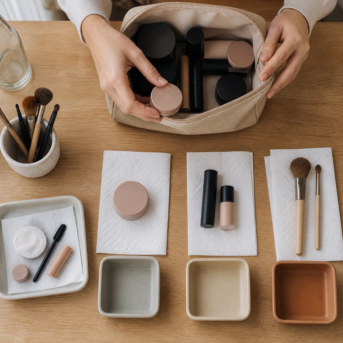 Manos ordenando un neceser y herramientas de maquillaje sobre una mesa limpia